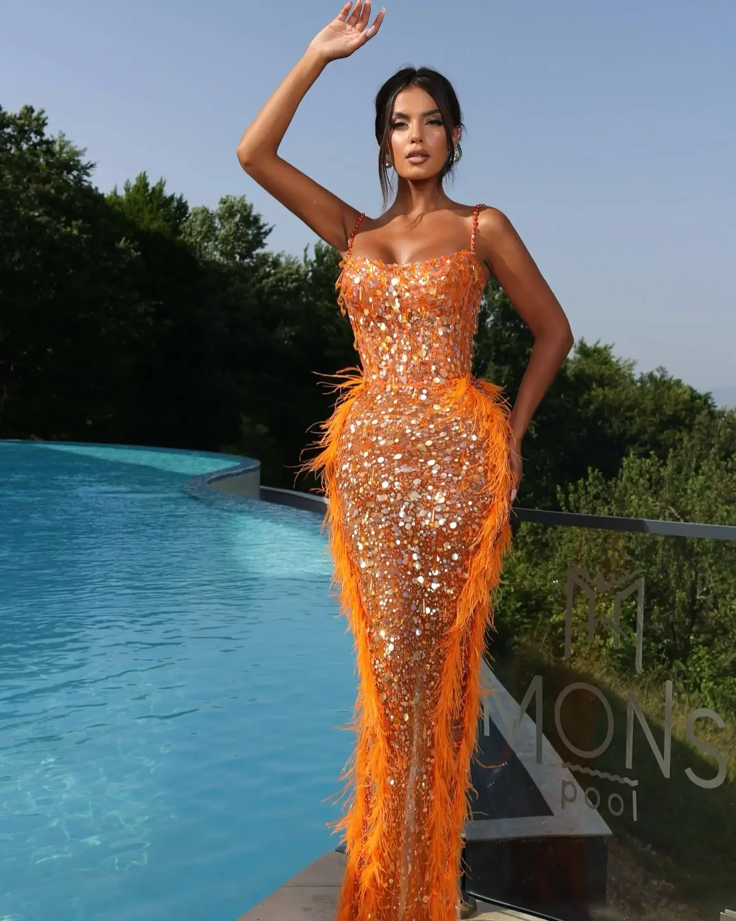 

GPBD Orange Color Women Sleeveless Sexy Square Collar Feathers Beading Bodycon Long Dress Elegant Evening Party Celebrate Dress