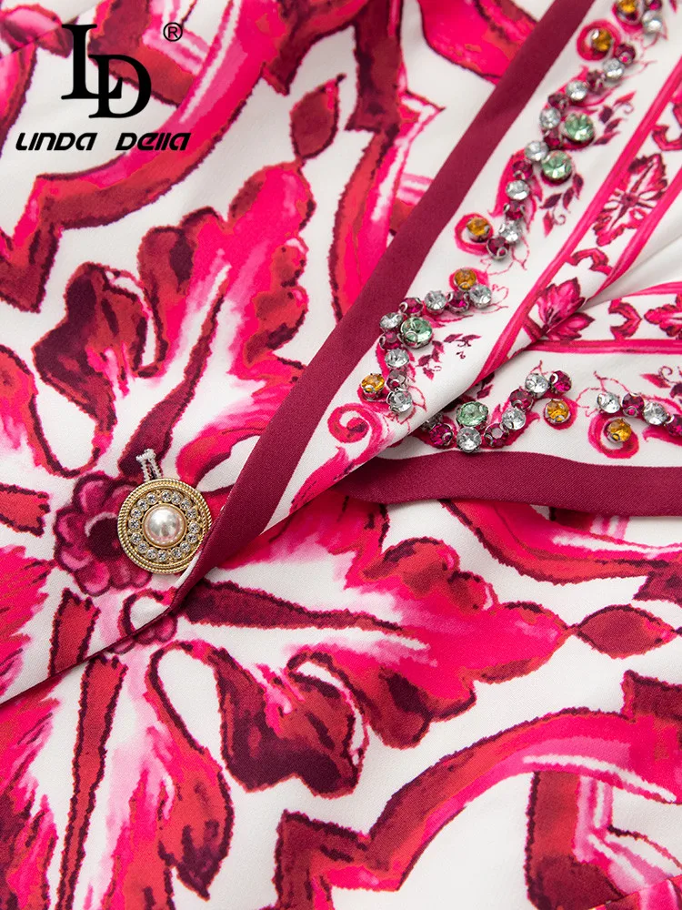 LD LINDA DELLA 2023 New Style Fashion Designer Wine Red V-Neck Extravagant Nail Bead Single-breasted Print Loose Coat