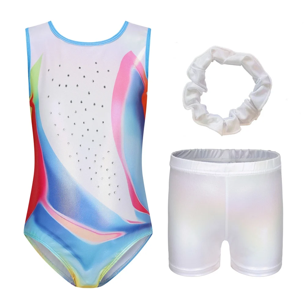 Kids Girls Sports Gymnastics Workout Outfit Leotard with Shorts Ballet Dance Sets Sleeveless Bodysuit with Bottoms