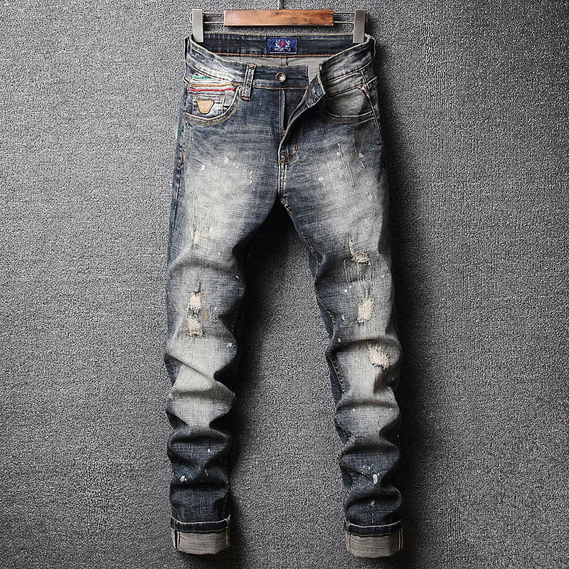 

Fashion Designer Men Jeans Retro Gray Blue Stretch Elastic Slim Fit Ripped Jeans Men Painted Trousers Vintage Denim Pants Hombre