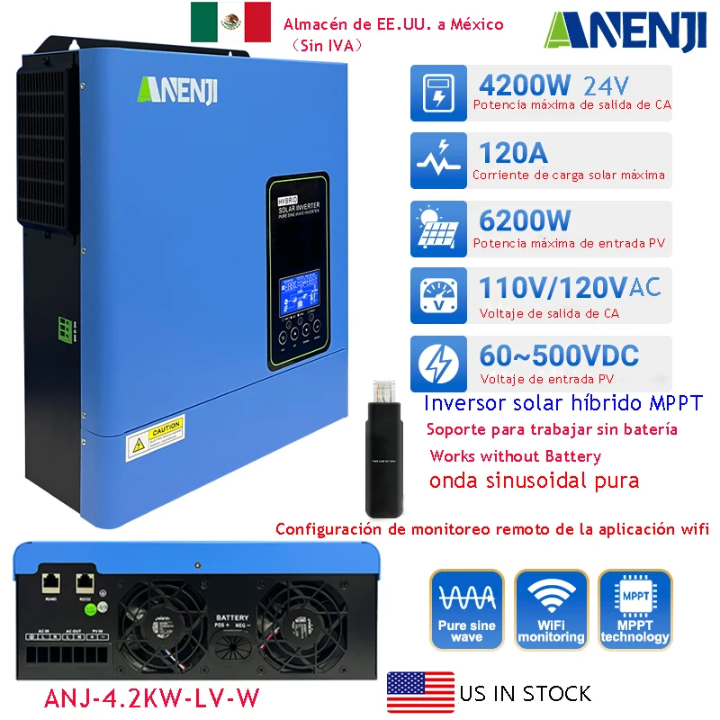 ANENJI 110VAC/120VAC 4200W 24V Hybrid Solar Inverter Off Grid Inverter Pure Sine Inverter With 120A MPPT Solar Charger PV 500V