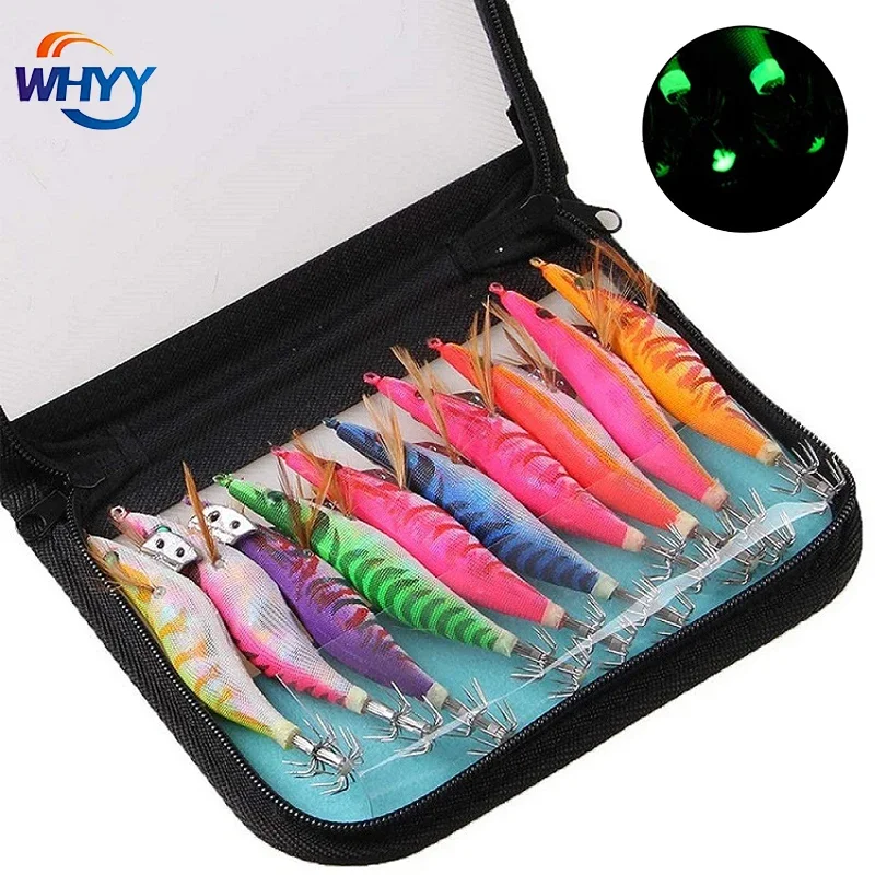 

10Pcs Fishing Lures set Lead Sinker Squid Jigs Hook Wooden Shrimp Artificial Luminous squid lure Hard Saltwater Fishing Bait