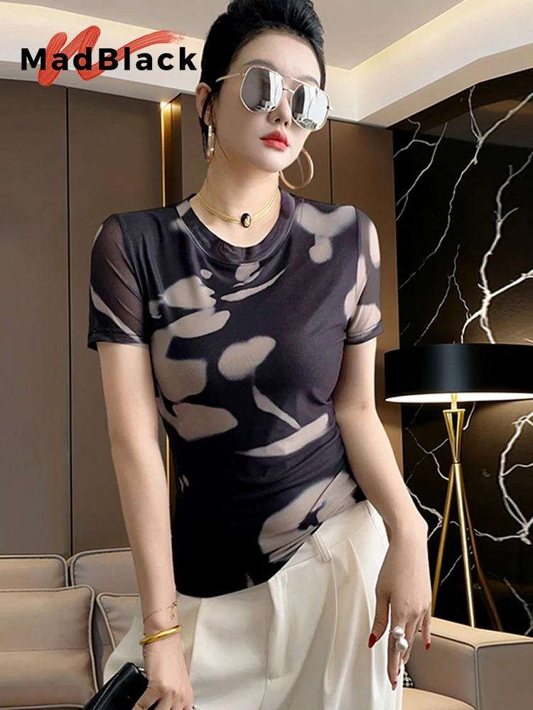 MadBlack-Women European T-Shirt, Sexy O Neck Geometry Print, Fashion Short Sleeve Slim Cool S-3XL Tee, 2026 Summer New T64141CC