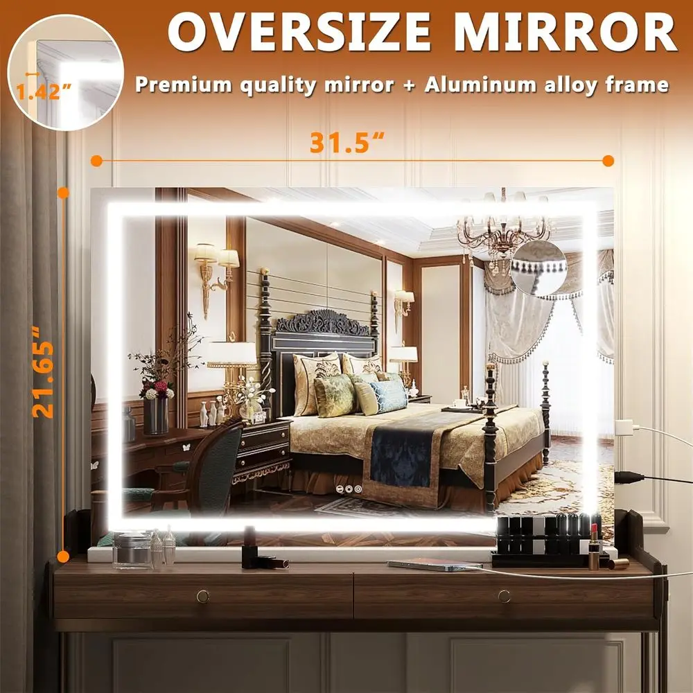 32 x 22 LED Lighted Makeup Mirror with Touch Screen Control and 3 Dimmable Modes, Square White Vanity Mirror