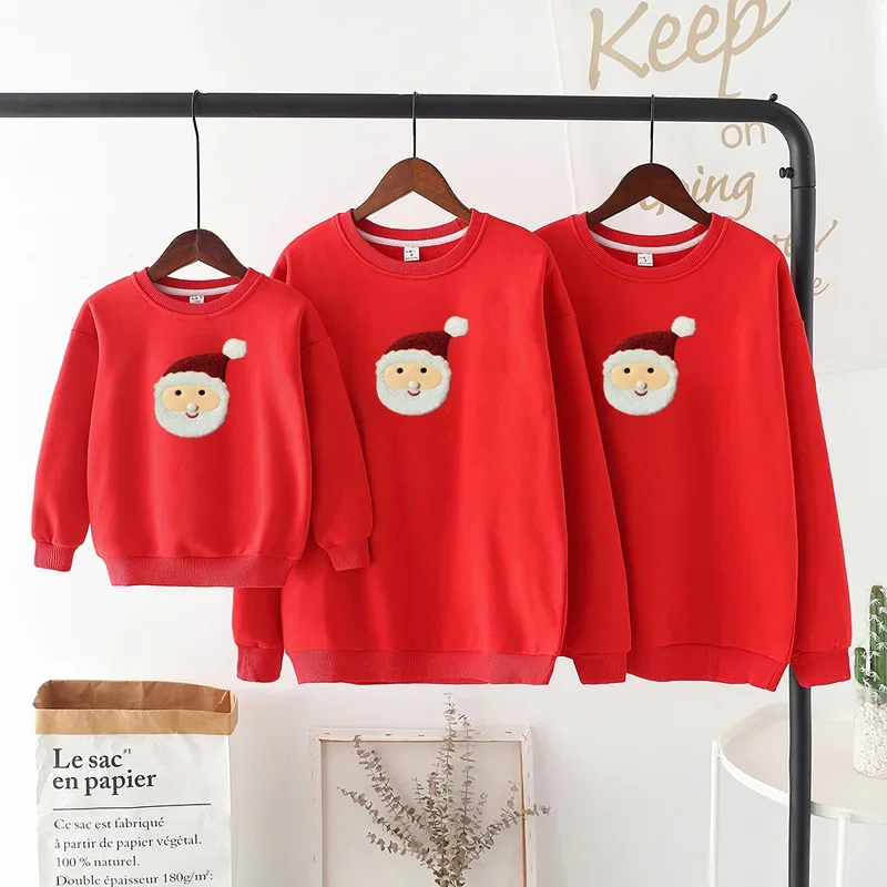 Christmas Family Matching Sweatshirts 2023 New Year Mom Dad And Son Daughter Red Winter Tops Children Santa Claus Face Clothes