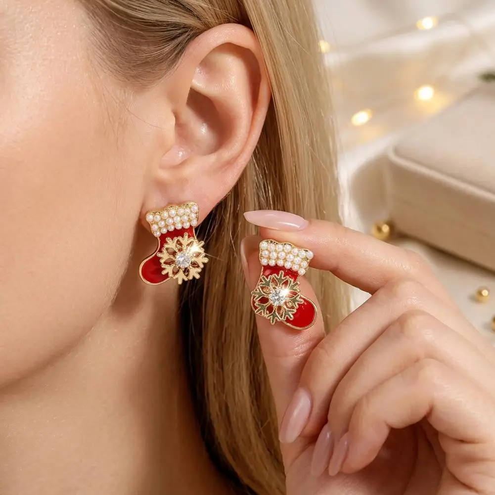 Charming Snowflake Christmas Sock Stud Earrings Red Sparkling Rhinestone Enamel Stocking Holiday Winter Party Women Jewelry
