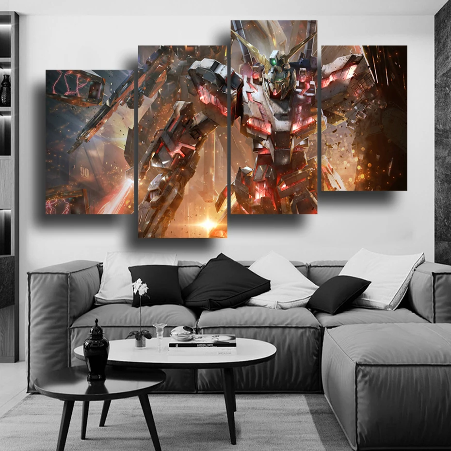 Japanese Classic Anime Mecha Warrior Gundam Retro Canvas Painting 4 Pieces Poster Wall Art  Printing Children's Room  Home De