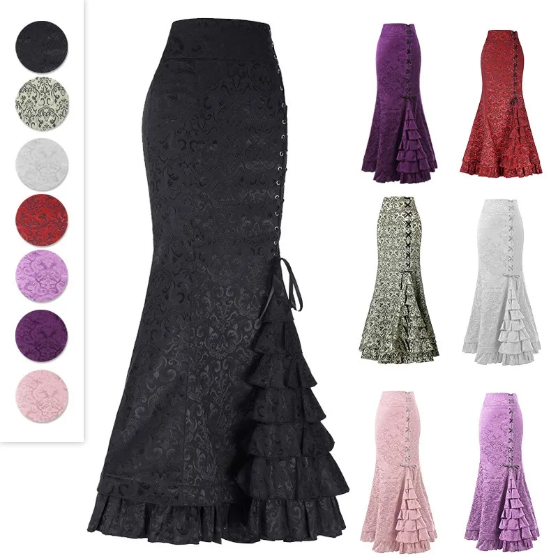 

New Skirt Gothic Dark Skirt Jacquard Long Skirt Subculture Lace-up Hip Fishtail Skirt