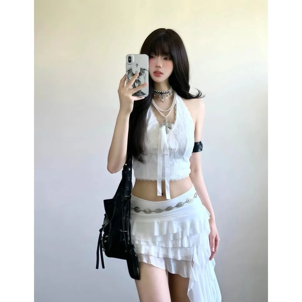 Pure Desire Retro Spliced Mesh Asymmetrical Cake Skirt Summer New Style Slimming  Skirt for Trendy Ladies Casual Wear