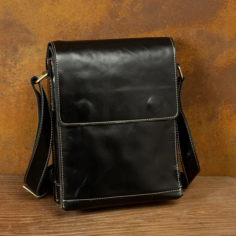 Slow Time Crazy Horse Leather Men's Shoulder Bag Crossbody Bag Vertical European and American Handmade Retro Style Casual Head L