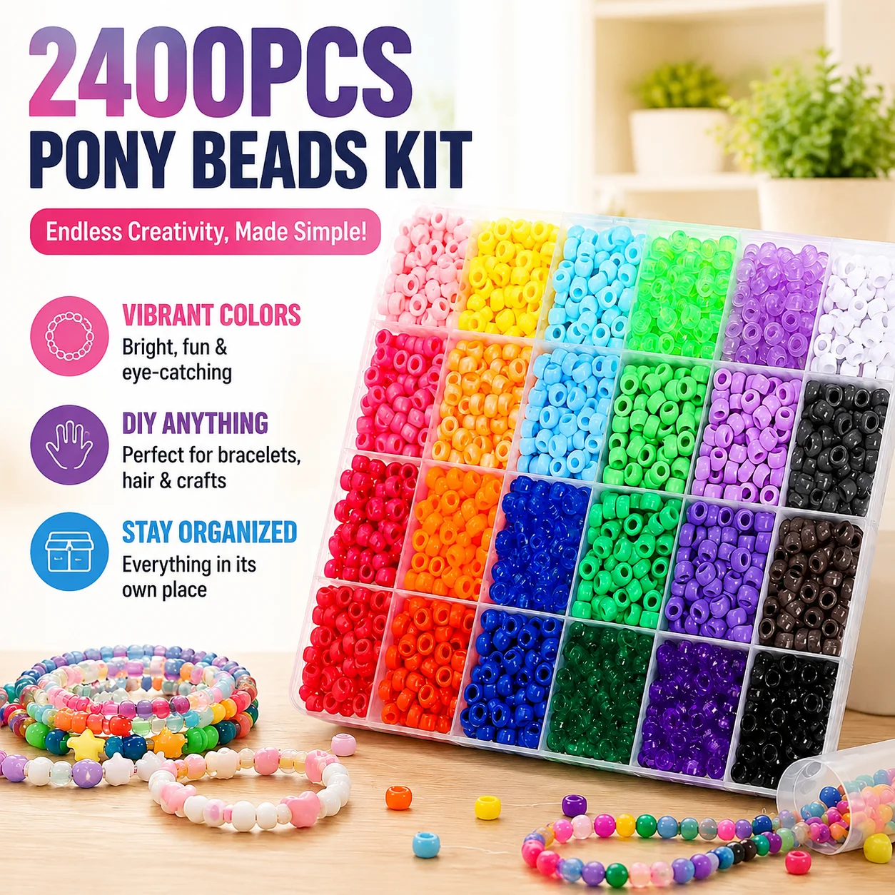 2400pcs Pony Beads Kit for Jewelry Making, Bracelets, Hair Braiding & DIY Crafts, Multicolor Plastic Beads with Storage Box