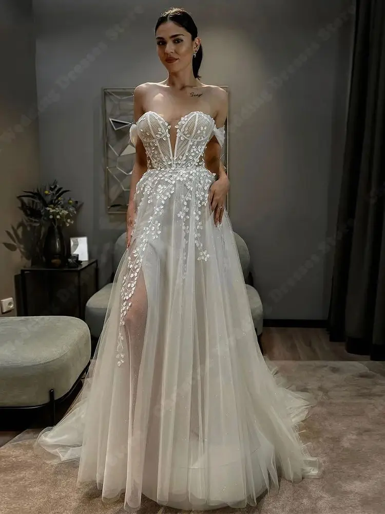 Vintage von der Schulter Tüll Frauen Brautkleider sexy rücken freie Brautkleider elegante Blumen druck Vestidos de Novias 2024