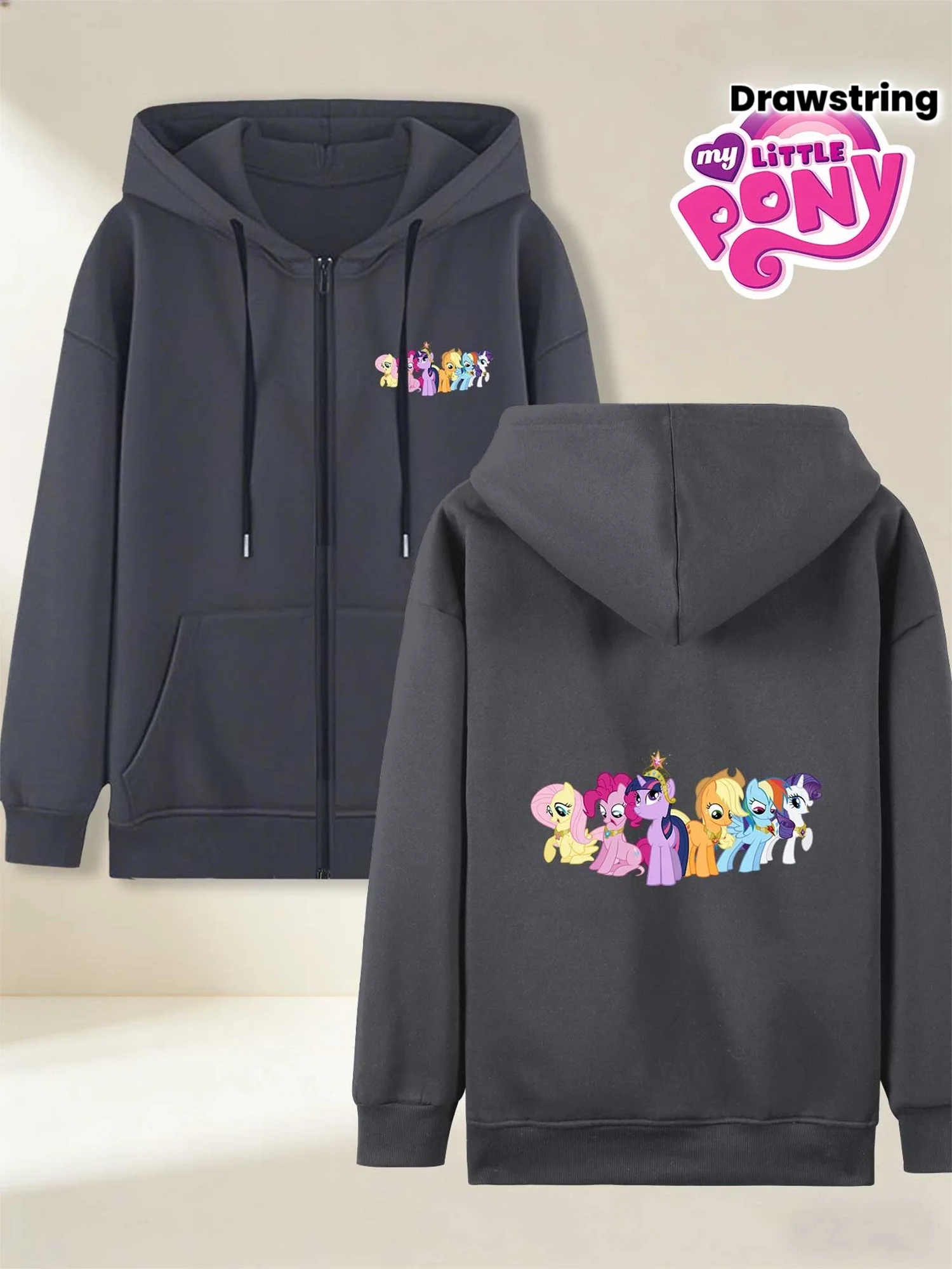 

Autumn/Winter Women's Hooded Sweatshirt, My Little Pony Collaboration, Colorful Friends Gathering Print Featuring Five Adorable