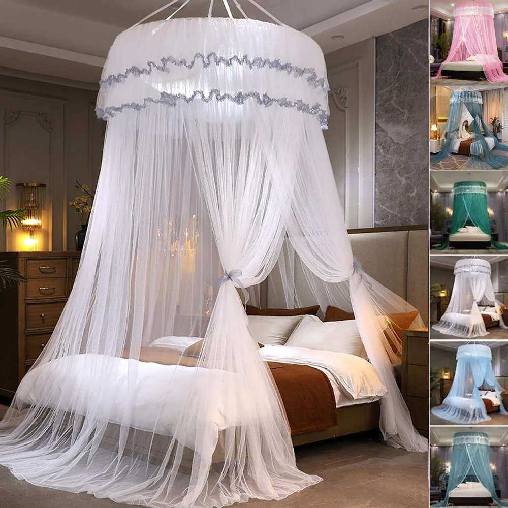 Breathable Hanging Mosquito Net Top Hook Lace Bed Canopy Encrypted Mesh Round Dome Court Style Crib Canopy Bedroom Decoration
