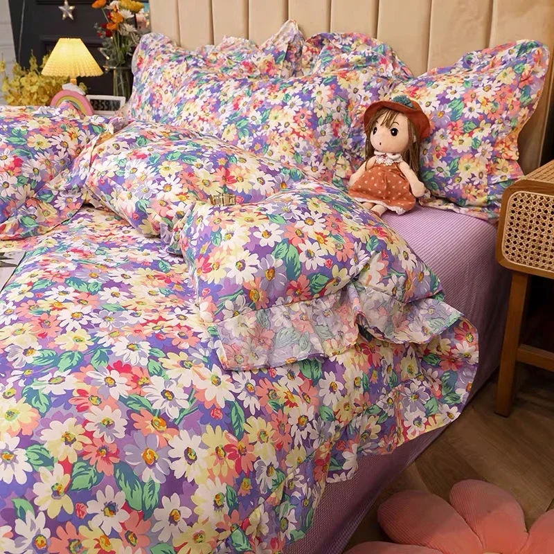 Fresh floral luxury 100% cotton 4 peice Bedding Sets bed linen twin queen king size summer Flat Bed Sheet comforter cover sets