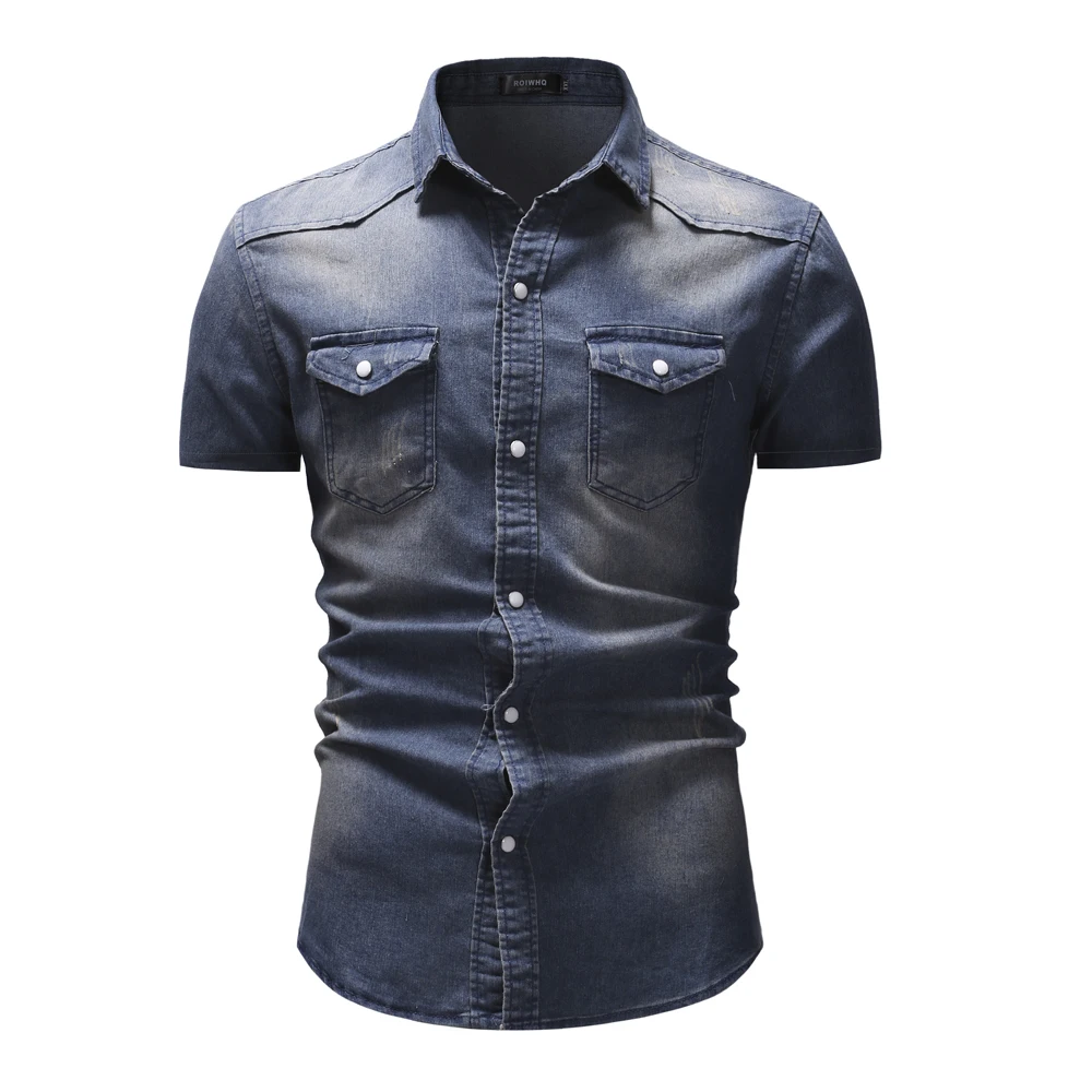 2023 Summer New Simple Men Denim Shirt Casual Business Mens Short Sleeve Shirts Fashion Polo Collar Male Tops