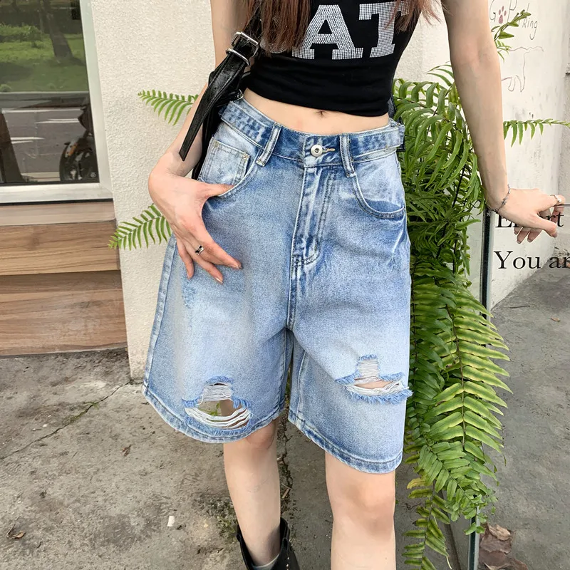 Casual Loose Vintage Hole Knee Length Straight Jean Shorts Woman Korean Fashion High Waist Wide Denim Baggy Short Pants Mujer