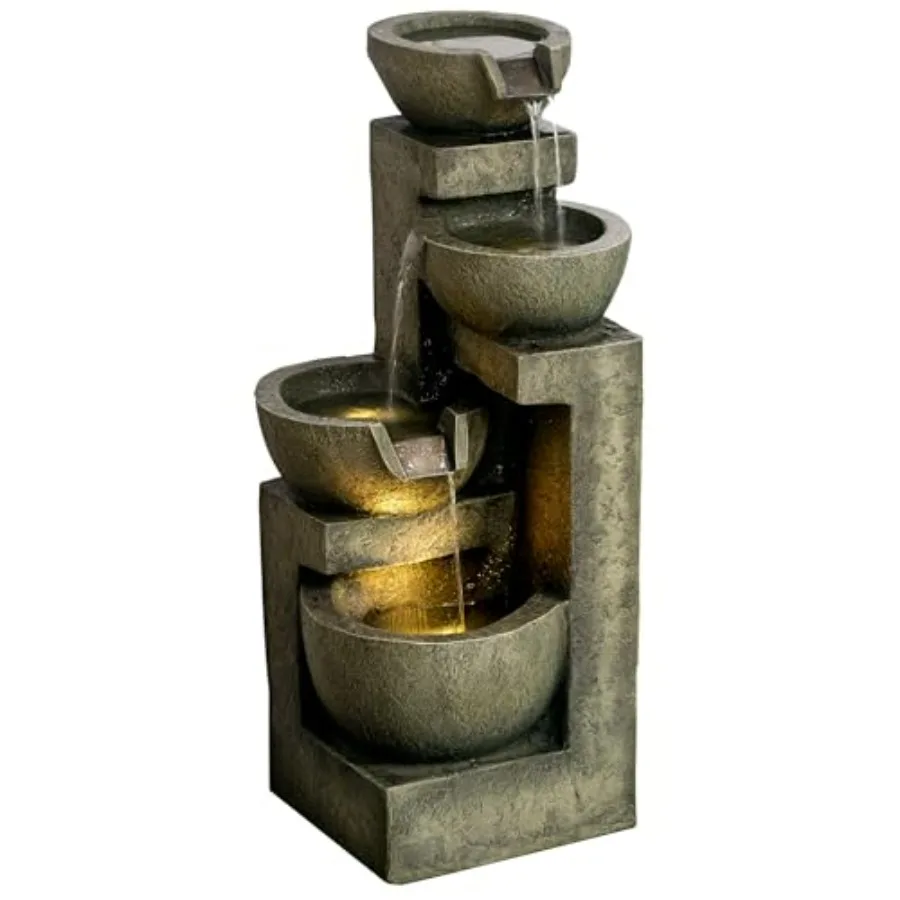 

Outdoor Fountain with 4-Tier Stacked Stone Look Bowls Cascading Waterfall Adjustable Flow LED Lights Rustic Decor for Patio Zen