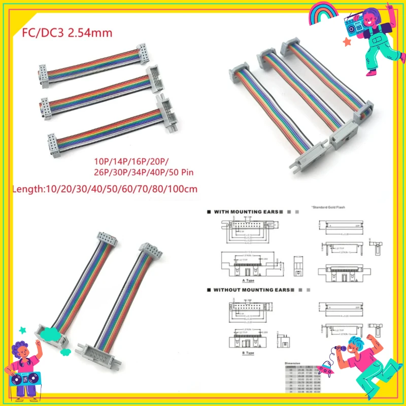 

FC To DC3 2.54MM Pitch IDC Color Flat Cable LED Screen Connection JTAG Download Line 10/20/40/60/80/100cm 40P GPIO Ribbon Cable
