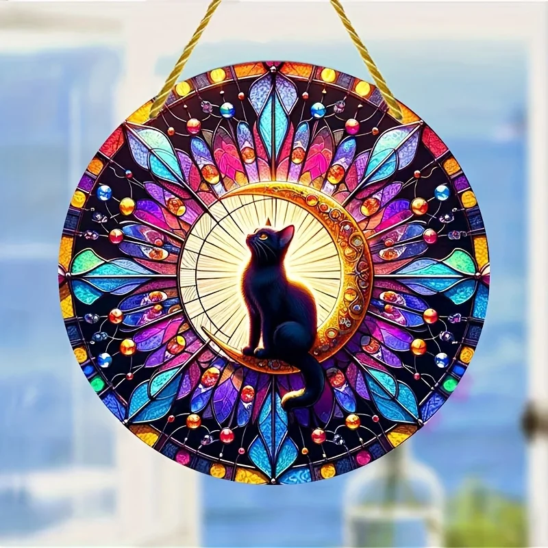 Black Cat Suncatcher Sign,Moon Stained Plastic Window Hanging,Round Acrylic Emblem,Wall Decor For Home,Room,Porch–Opulent Style