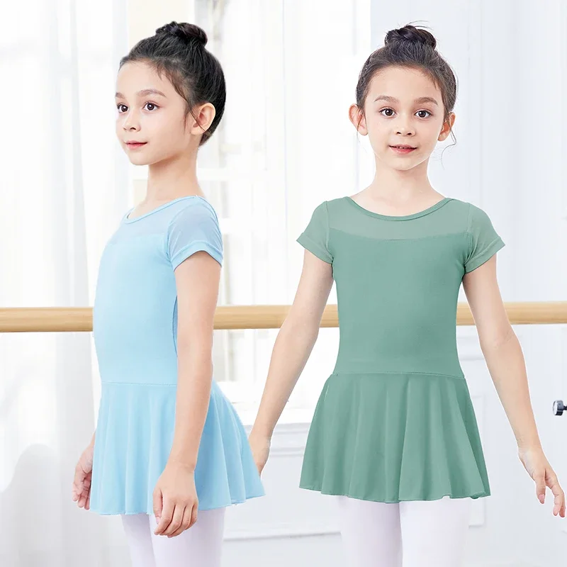 Girls Ballet Dress Short/Long Sleeves, Soft Mesh Tutu Skirt for Dance Class, Practice, Exam - Spring Summer Wear