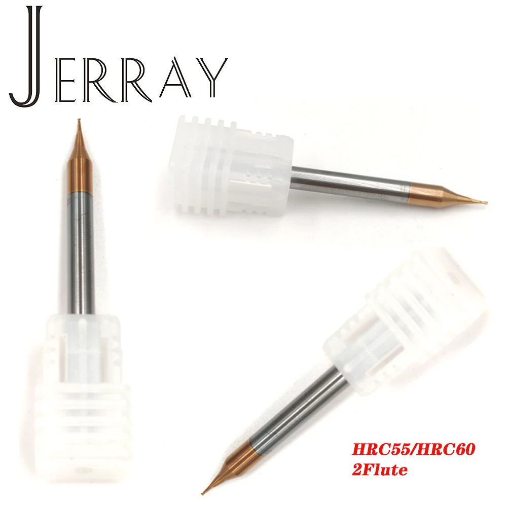 JERRAY-Molino de extremo plano de carburo, herramientas de corte CNC para metal, 2 flautas HRC55, D0.2, 0,3, 0,4, 0,5, 0,6, 0,7, 0,8, 0,9mm