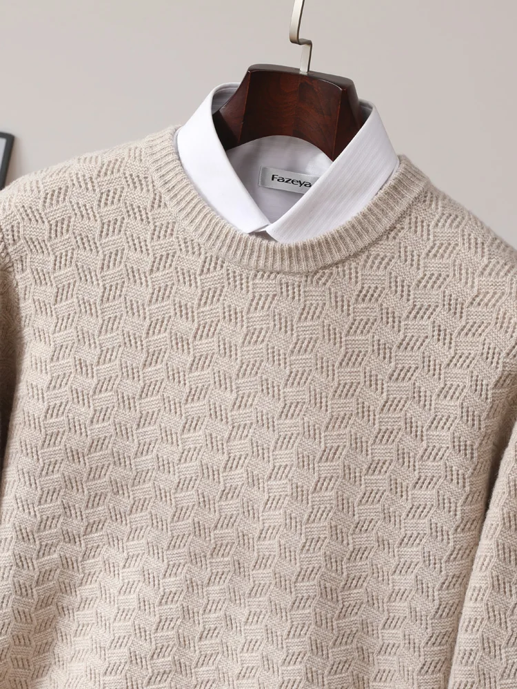 

Мужской пуловер из 100% мериносовой шерсти для весны и осени, классический теплый вязаный свитер с длинным рукавом, повседневная одежда с круглым вырезом и ажурным узором