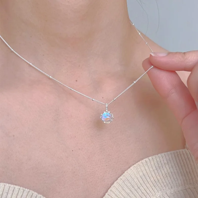 925 Sterling Silver Necklace Moon Stone Floral Pendant Flower Elegant for Women Girl Jewelry Gift Dropshipping Wholesale