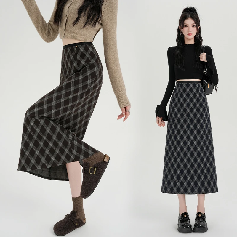 Women's Retro Argyle Plaid Back Slit Woolen Skirts Autumn Winter Elegant High Waist A-Line Slimming Straight Bodycon Skirt