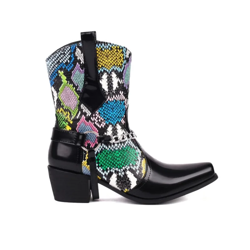 2023 Colorful Snake Print Short Boots 34-48 Small Square Head Chelsea Boot 5cm Thick Heel Fashion Metal Chain and Ankle Boots