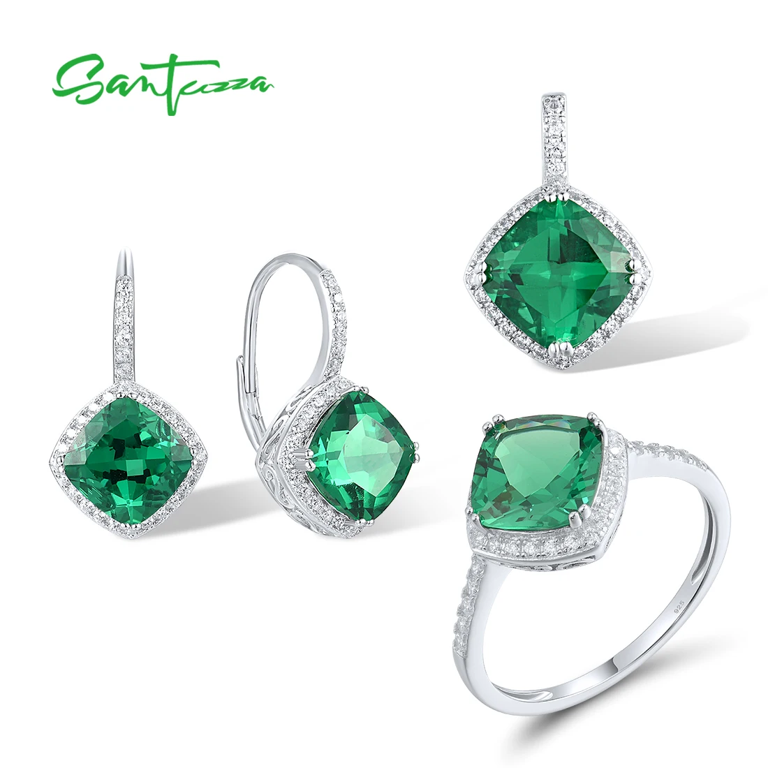 

SANTUZZA Jewelry Set For Women Real 925 Sterling Silver Green Spinel White CZ Pendant Earrings Ring Delicate Gift Fine Jewelry