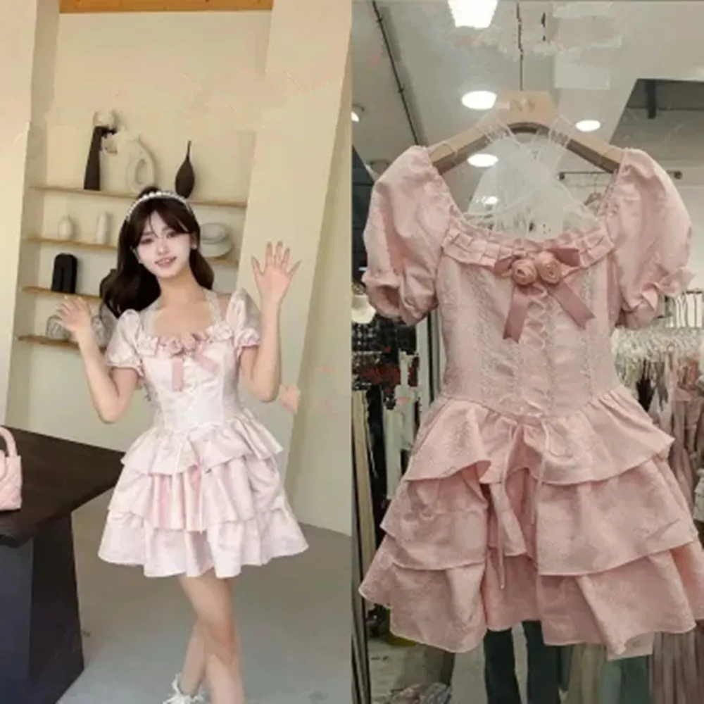 

Girl Lolita Princess Dress Cosplay Puff Sleeve Bowknot Cross Lace Fairy Dress Ball Gown Bandage Vestidos summer 2025
