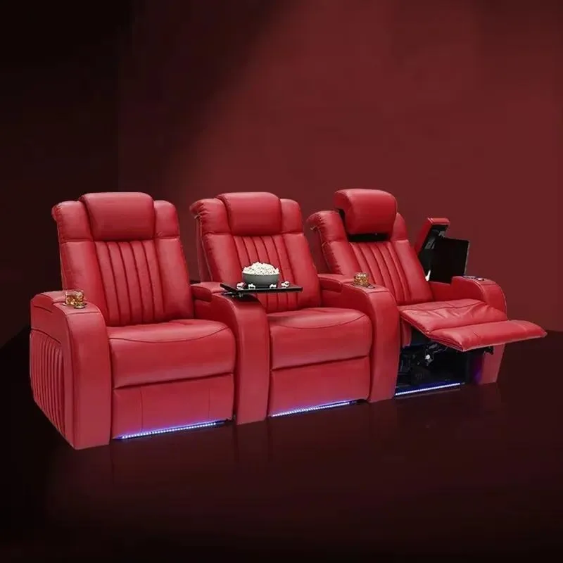 Home theater reclining leather sofa modern style cool metal frame classic red cinema furniture