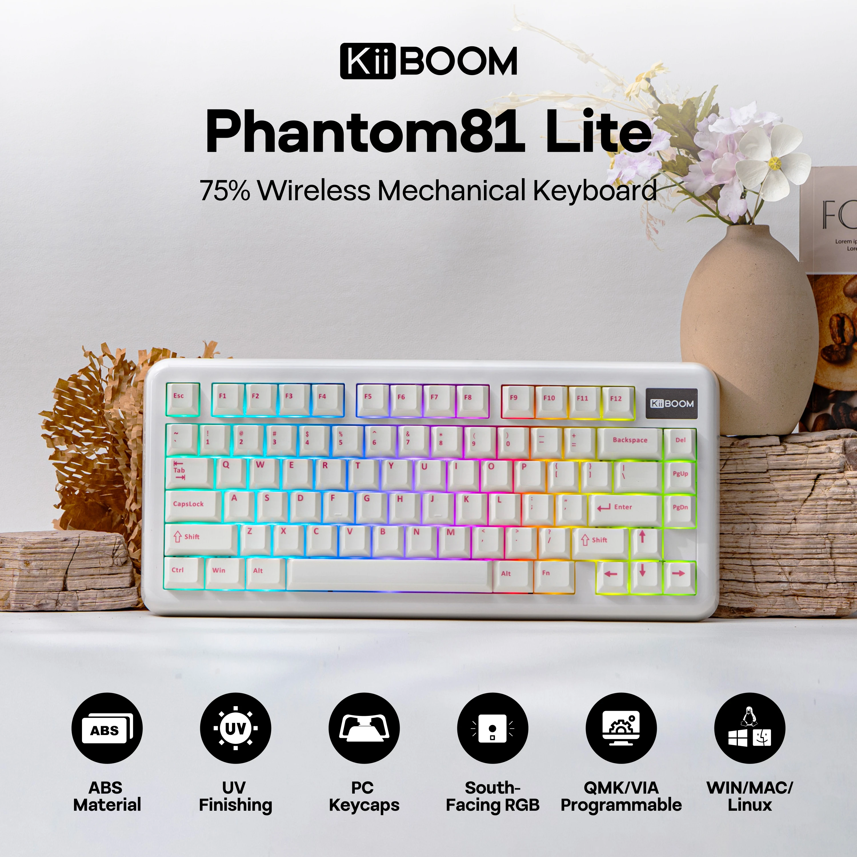 KiiBOOM Phantom81 Lite QMK/VIA 75% Hot-Swap Wired/BT/2.4GHz Wireless NKRO Mechanical Keyboard ABS Case+UV Tech 4000mAh Battery