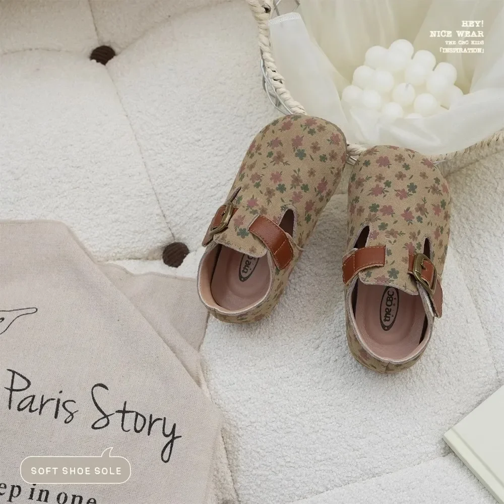 Girls Flat Shoes Round Toes Printed Flora Kids Moccasins Sweet Hook&loop 2025 New Children Leather Shoes Rubber Soft Sole Retro