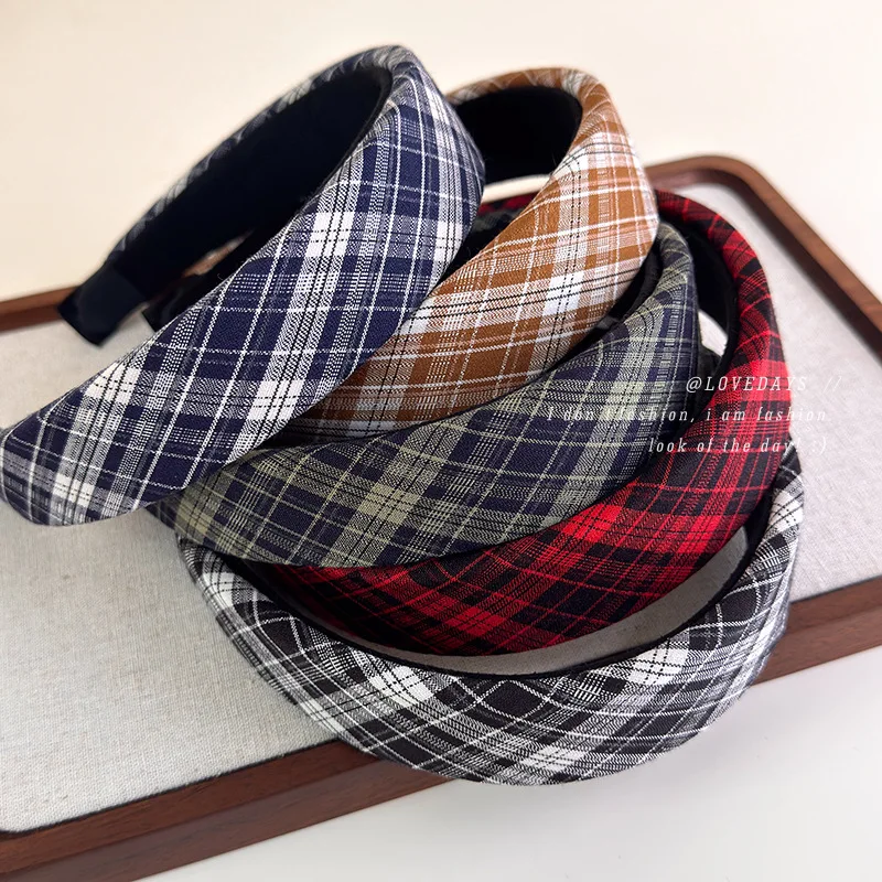 Early Autumn Retro Color-Block Plaid Headband Melad Color Wide-Brim Headband High Skull Sponge Headband Youthful College Style