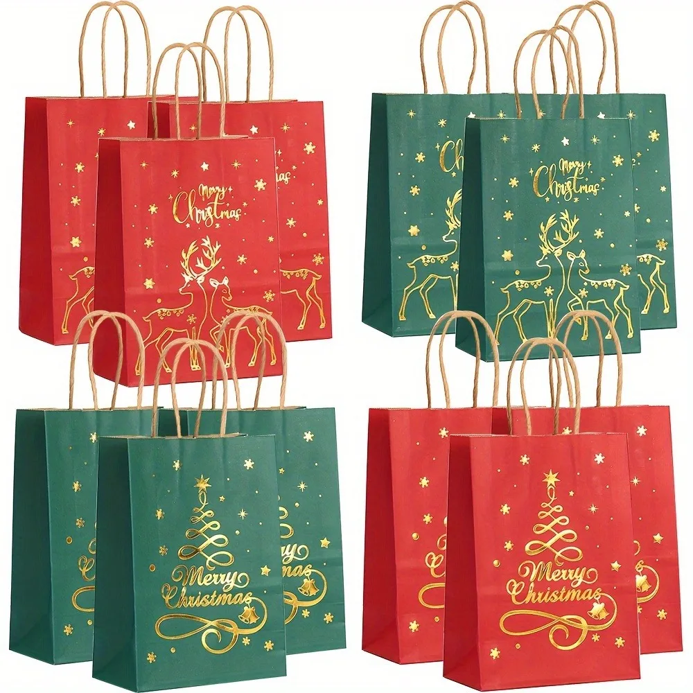 3/12 Pcs Christmas Gift Bag Set, Gold Tree Print Red Green Metallic Edge, Handled Holiday Gift Pouches