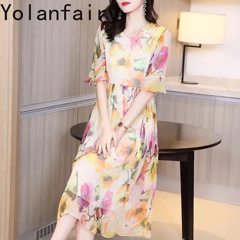 

Female High Waist Dress Women's Summer Dress 100% Genuine Silk Dress Ladies Elegant Boho Dresses Vestidos De Verano Zjt2613