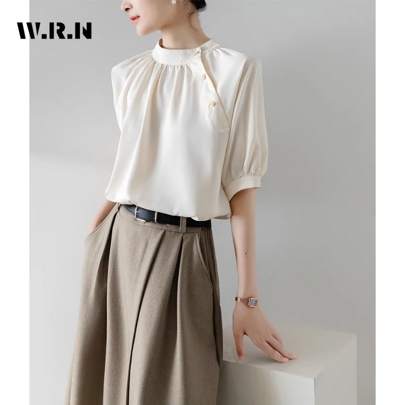 Casual Elegante Korte Mouw Ronde Hals Effen Kleur Luxe Shirts 2024 Zomer Dames Vintage Classic Office Lady Basics Blouse