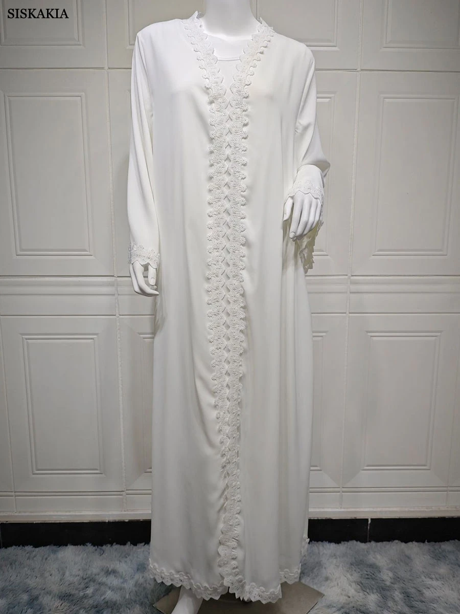 Siskakia Dubai Solid White Open Abaya For Muslim Woman Lace Tape Cardigan Elegant Casual Loose Moroccan Saudi Kaftan Fashion