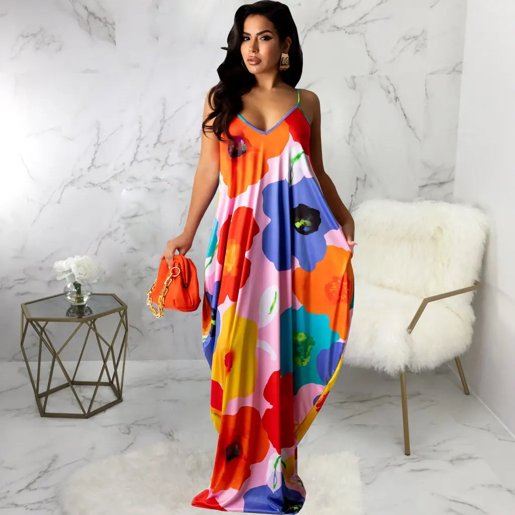 SMR10526 فستان صيفي غير رسمي بدون أكمام ورقبة على شكل حرف v للنساء فضفاض مناسب على الطراز الأوروبي والأمريكي وصول جديد