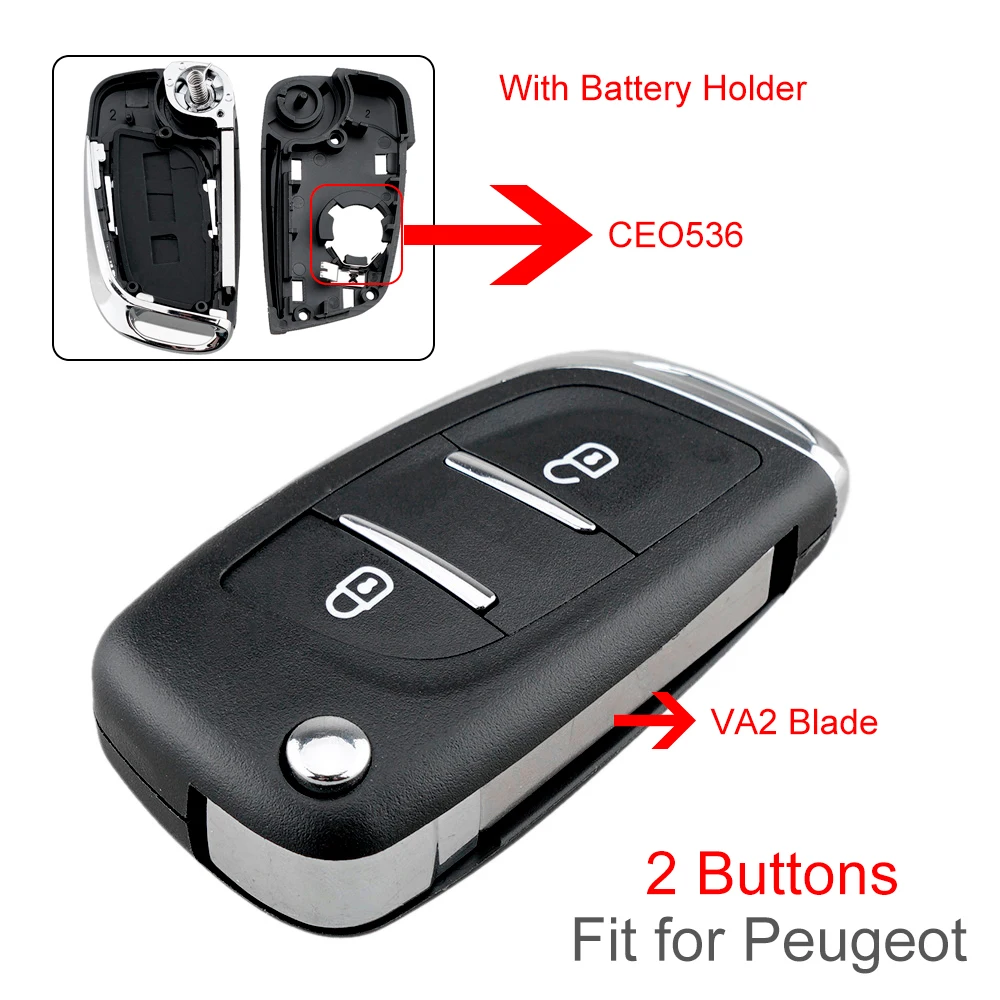 Substituição da chave do carro fob shell, flip dobrável tampa remota, 2 botões, apto para peugeot 107, 207, 307, 307S, 308, 407, 607