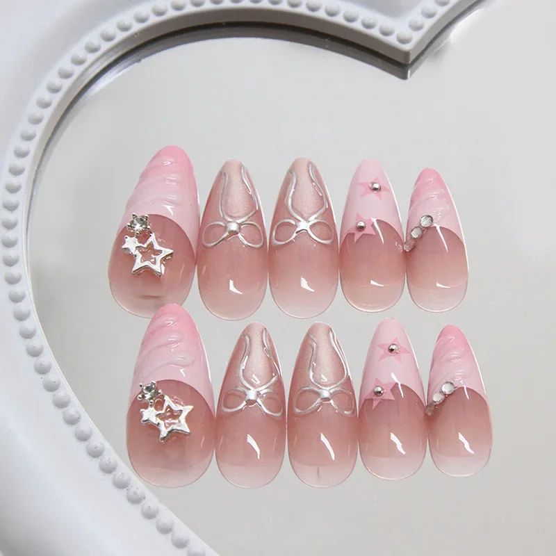 24Pcs Pink French Press on Fake Nails with Glue 3D Bow Diamond False Nails Wearable Gentle Sweet Almond Full Cover Manicure Tips