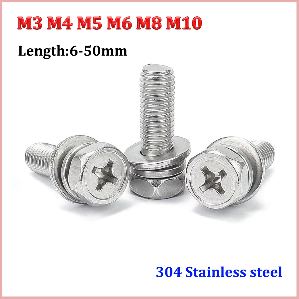 

M3 M4 M5 M6 M8 M10 304 Stainless Steel Phillips External Hex Hexagon Head SEM Screw Flat Washer Spring Gasket Assemble Bolt
