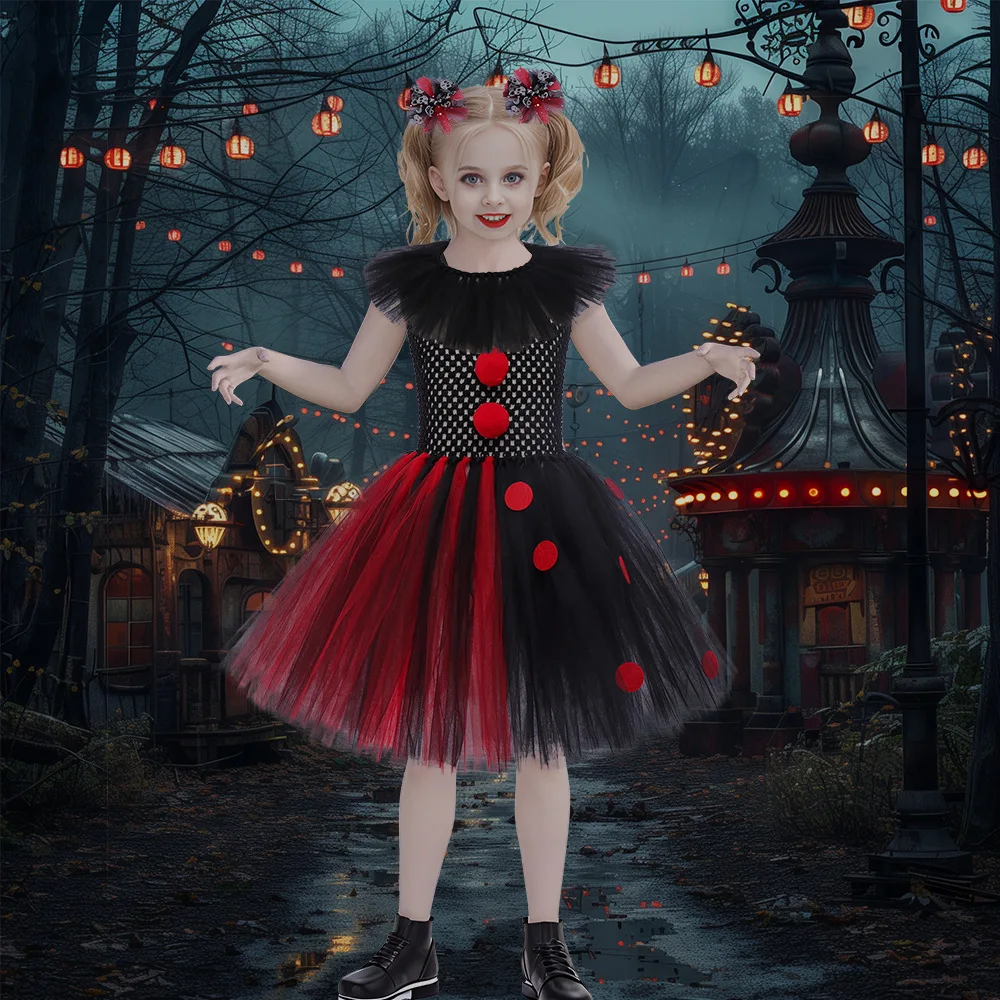 Theeper Black&Red Fluffy Mesh Tutu Dress Clown Style Layered Tulle Gown Halloween Attire For Stage Show Themed Party Gatherings