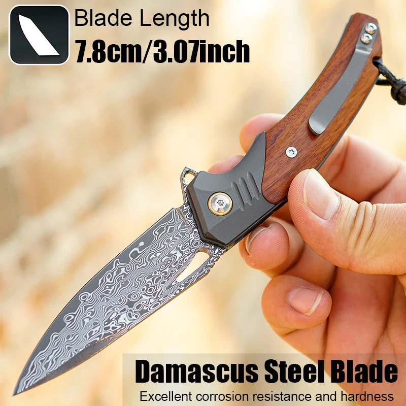 Cuchillo plegable de acero damasco, cuchillo de bolsillo, sable táctico para exteriores, cuchillo de supervivencia para acampar y cazar, cuchillo multifunción EDC
