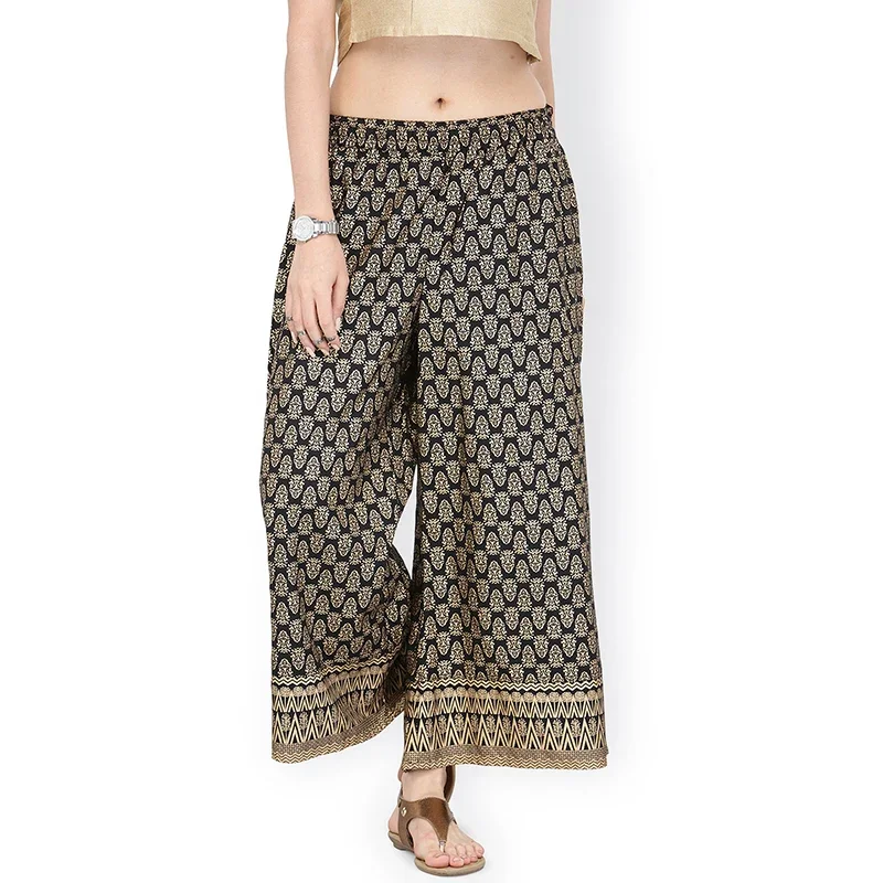 Shalwar Indian Pants Thin Ethnic Gold Printed Black Wide Leg Pants Cotton Trousers  Shalwars Salwar Indian Dress Women Costume