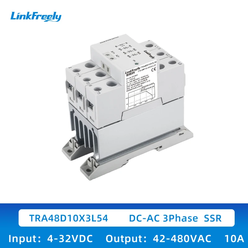 3 Phase SSR Solid State Relay Module with Heat Sink 10A 480VAC DIN Rail DC to AC Control 4-32VDC for Motor Control TRA48D10×3L54