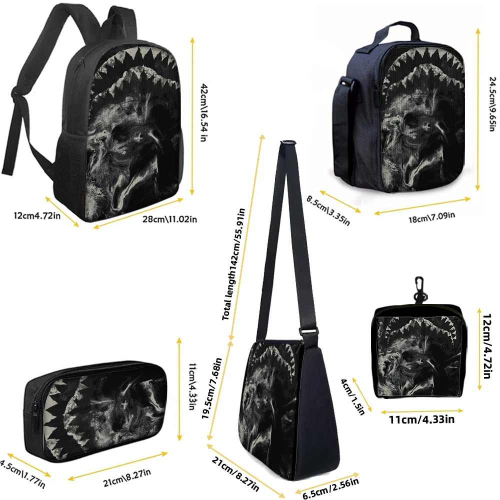 1/2/3/4/5PCS Trendy Shark Graphic Backpack Set | Perfect for School & Daily Adventures