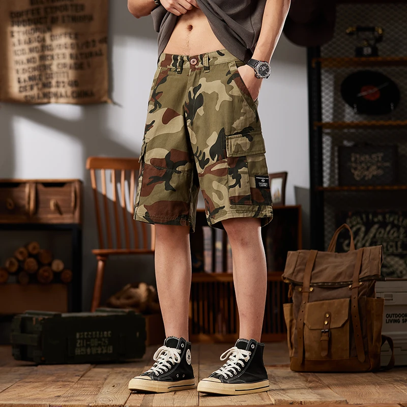 

summer brand American classic camouflage cargo shorts 100% cotton safari style men's straight loose knee length outdoor pants